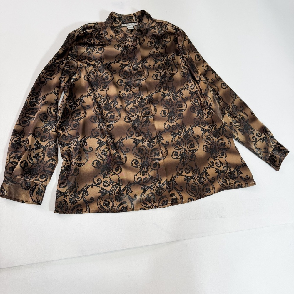 Notations Blouse Womens 16W Brown Floral Satin Button Front Long Sleeve Top